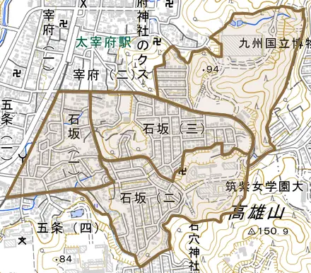 石坂とその周辺の地図。町の範囲を重ねている
