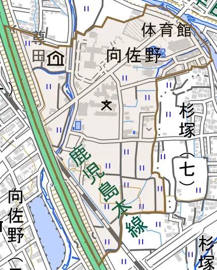 大字向佐野とその周辺の地図。町の範囲を重ねている