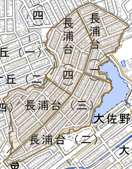長浦台とその周辺の地図。町の範囲を重ねている