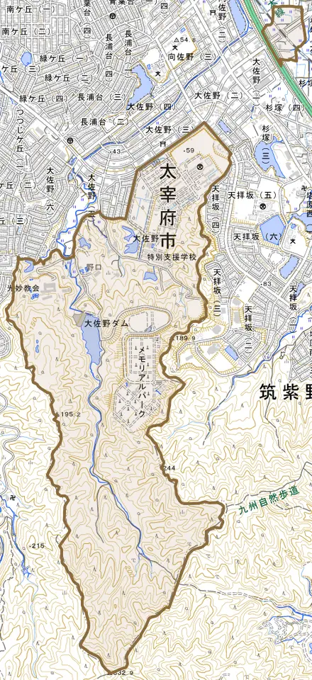 大字大佐野とその周辺の地図。町の範囲を重ねている