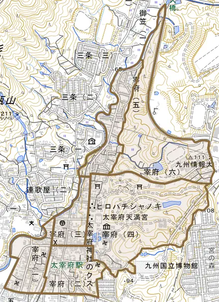 宰府とその周辺の地図。町の範囲を重ねている