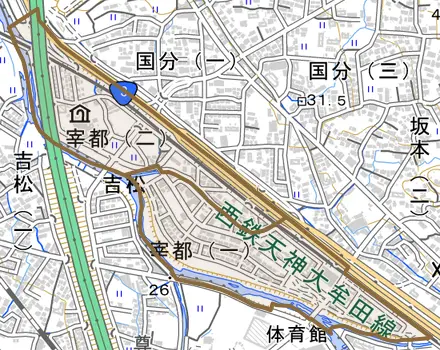 宰都とその周辺の地図。町の範囲を重ねている