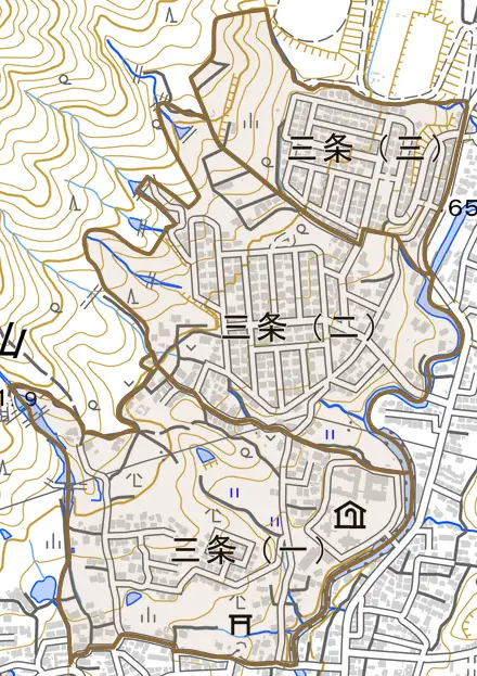 三条とその周辺の地図。町の範囲を重ねている
