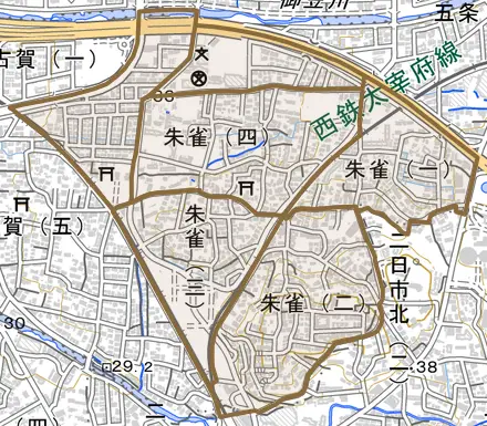 朱雀とその周辺の地図。町の範囲を重ねている