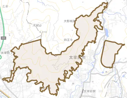 大字太宰府とその周辺の地図。町の範囲を重ねている
