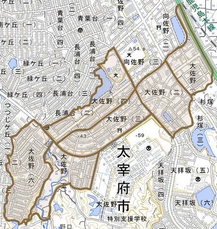 大佐野とその周辺の地図。町の範囲を重ねている