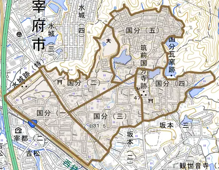 国分とその周辺の地図。町の範囲を重ねている