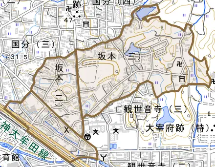 坂本とその周辺の地図。町の範囲を重ねている