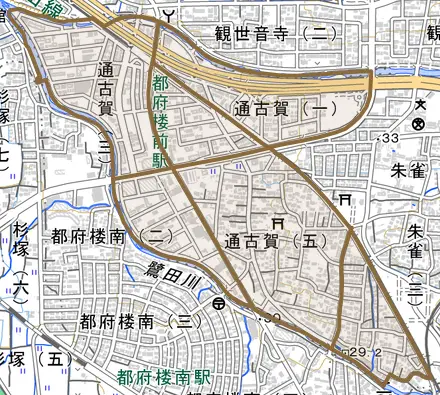 通古賀とその周辺の地図。町の範囲を重ねている