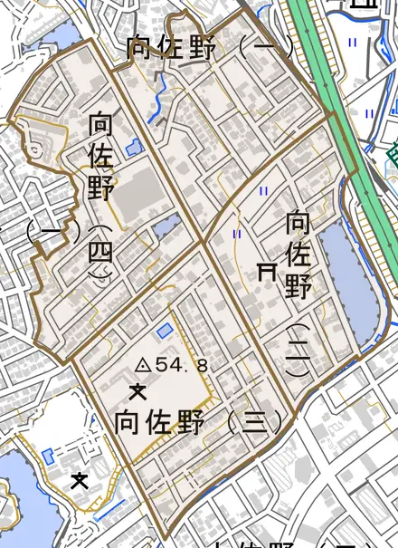 向佐野とその周辺の地図。町の範囲を重ねている