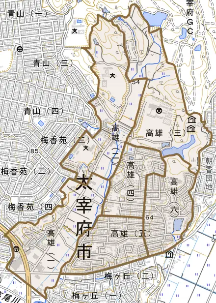 高雄とその周辺の地図。町の範囲を重ねている