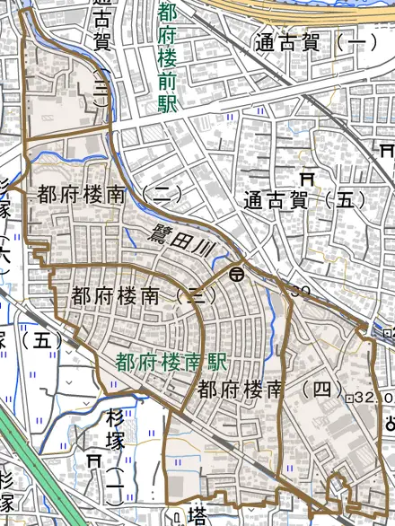 都府楼南とその周辺の地図。町の範囲を重ねている