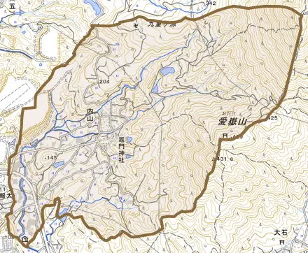 大字内山とその周辺の地図。町の範囲を重ねている