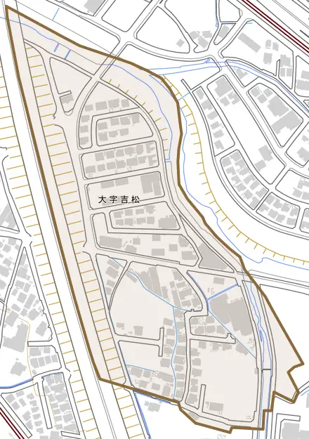 大字吉松とその周辺の地図。町の範囲を重ねている
