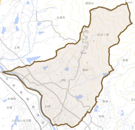 上野とその周辺の地図。町の範囲を重ねている