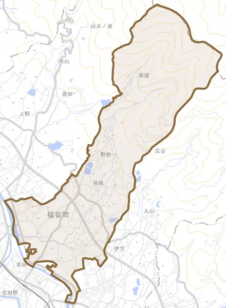 弁城とその周辺の地図。町の範囲を重ねている