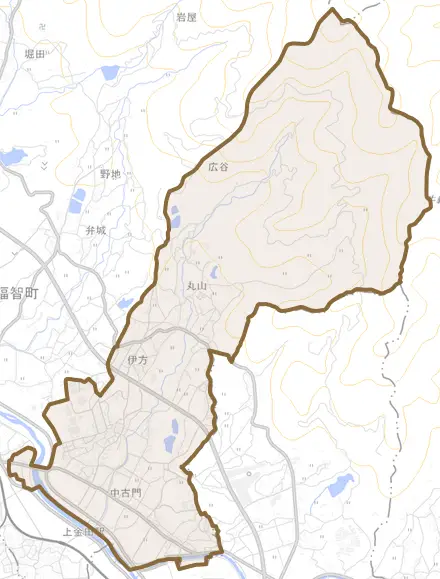 伊方とその周辺の地図。町の範囲を重ねている