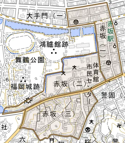 赤坂とその周辺の地図。町の範囲を重ねている
