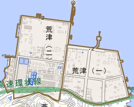 荒津とその周辺の地図。町の範囲を重ねている