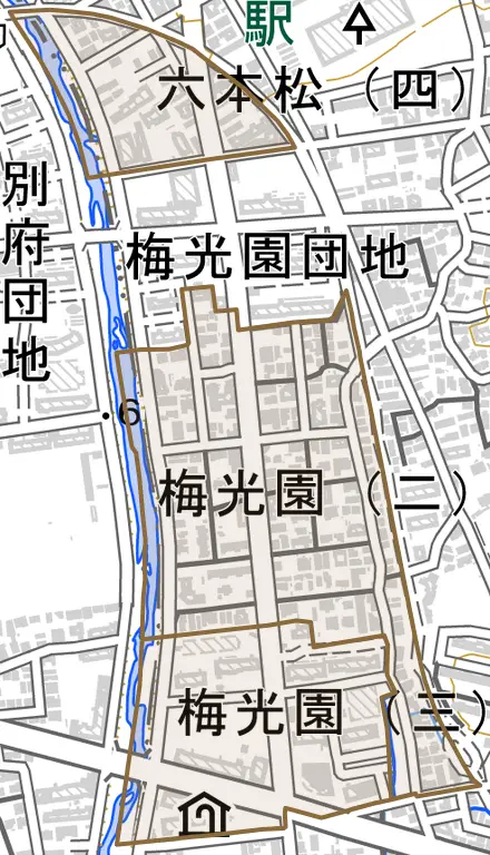 梅光園とその周辺の地図。町の範囲を重ねている