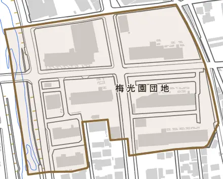梅光園団地とその周辺の地図。町の範囲を重ねている