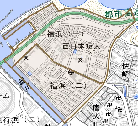 福浜とその周辺の地図。町の範囲を重ねている