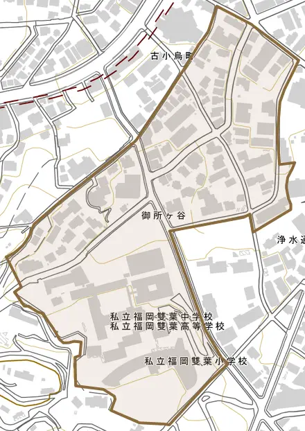 御所ヶ谷とその周辺の地図。町の範囲を重ねている