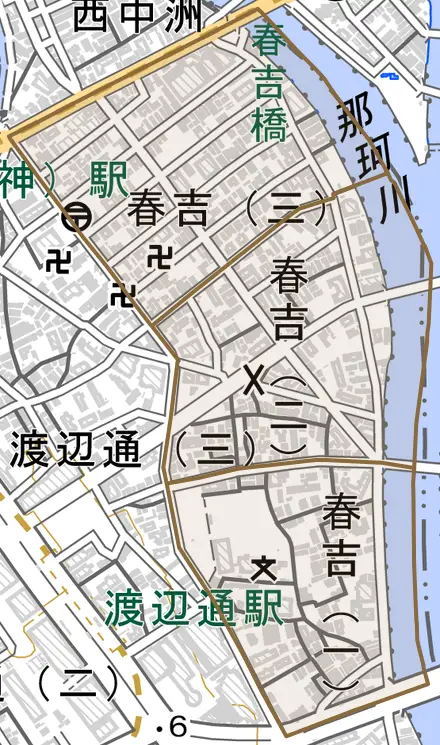 春吉とその周辺の地図。町の範囲を重ねている