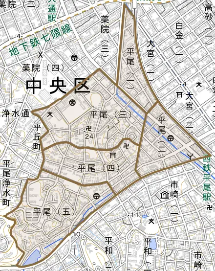 平尾とその周辺の地図。町の範囲を重ねている