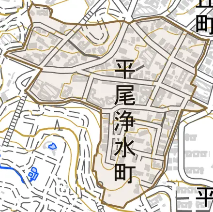 平尾浄水町とその周辺の地図。町の範囲を重ねている