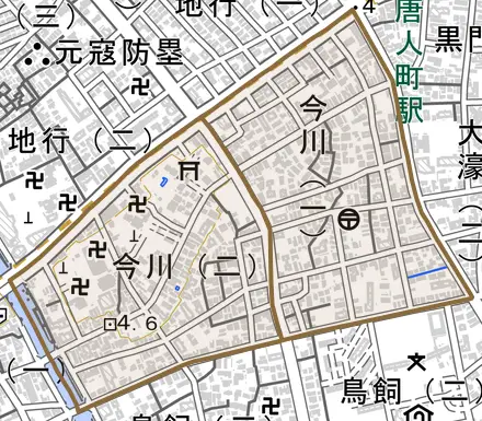 今川とその周辺の地図。町の範囲を重ねている