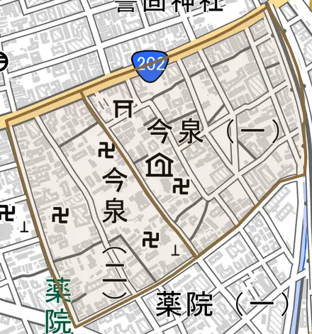 今泉とその周辺の地図。町の範囲を重ねている