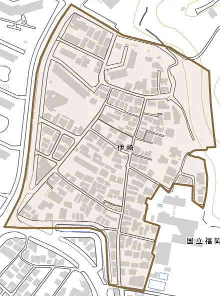伊崎とその周辺の地図。町の範囲を重ねている