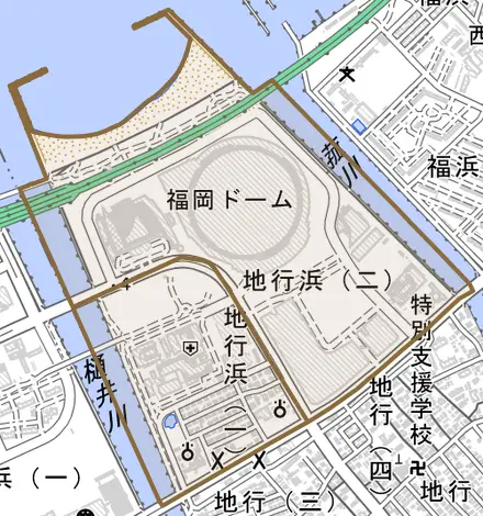 地行浜とその周辺の地図。町の範囲を重ねている
