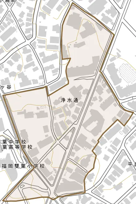 浄水通とその周辺の地図。町の範囲を重ねている