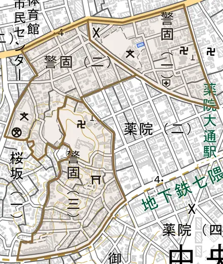 警固とその周辺の地図。町の範囲を重ねている