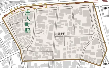 黒門とその周辺の地図。町の範囲を重ねている