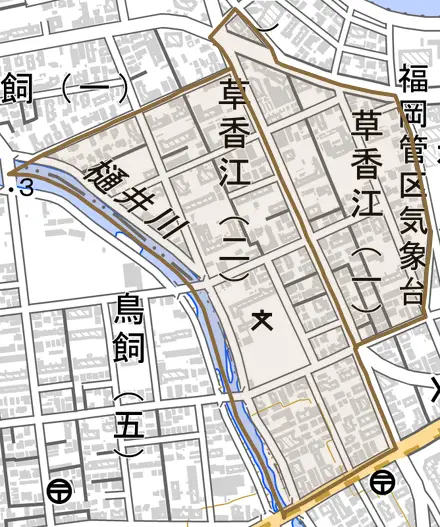 草香江とその周辺の地図。町の範囲を重ねている
