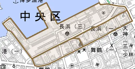 長浜とその周辺の地図。町の範囲を重ねている