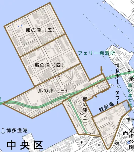 那の津とその周辺の地図。町の範囲を重ねている