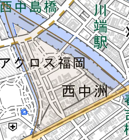 西中洲とその周辺の地図。町の範囲を重ねている