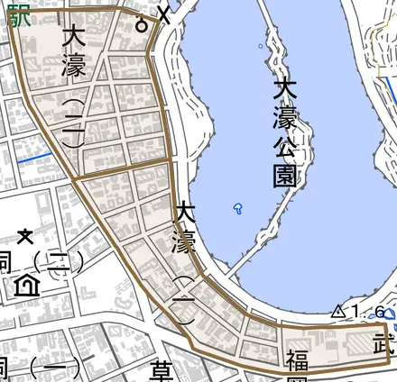 大濠とその周辺の地図。町の範囲を重ねている