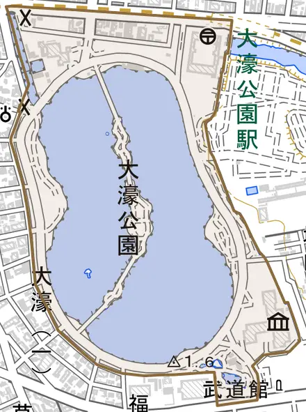 大濠公園とその周辺の地図。町の範囲を重ねている