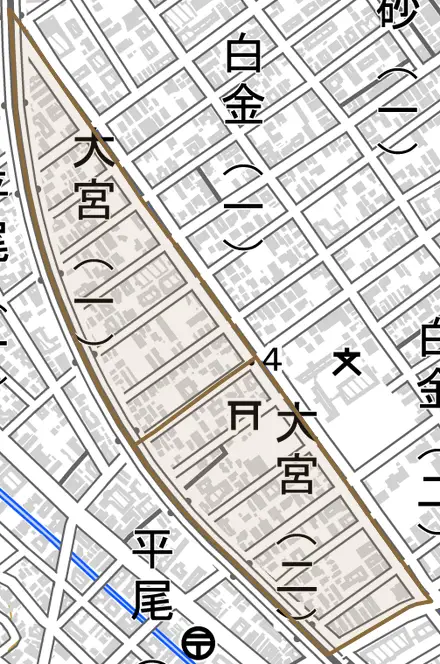 大宮とその周辺の地図。町の範囲を重ねている