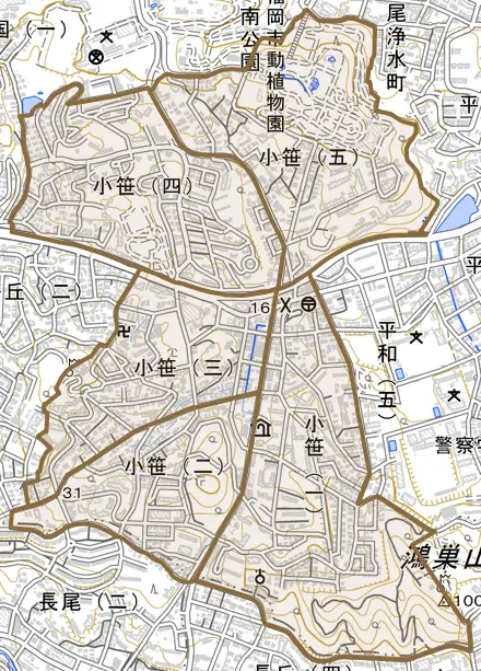 小笹とその周辺の地図。町の範囲を重ねている
