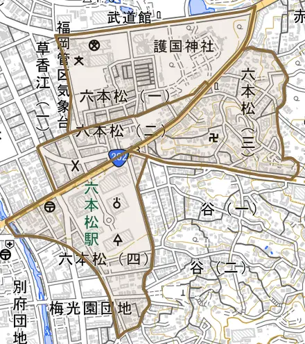六本松とその周辺の地図。町の範囲を重ねている