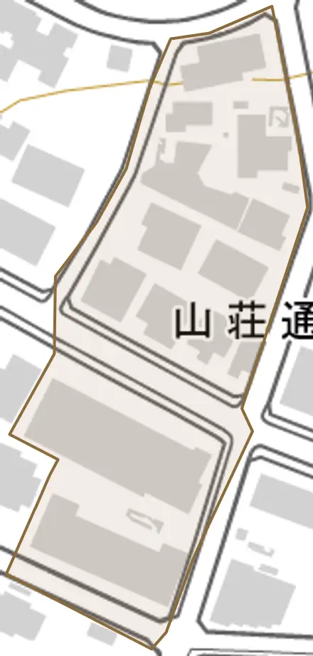 山荘通とその周辺の地図。町の範囲を重ねている