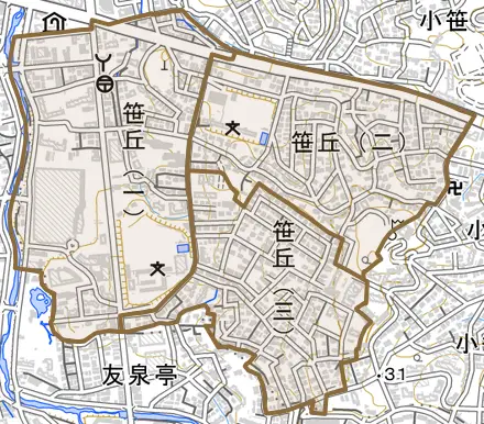 笹丘とその周辺の地図。町の範囲を重ねている