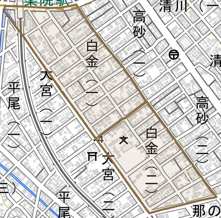 白金とその周辺の地図。町の範囲を重ねている
