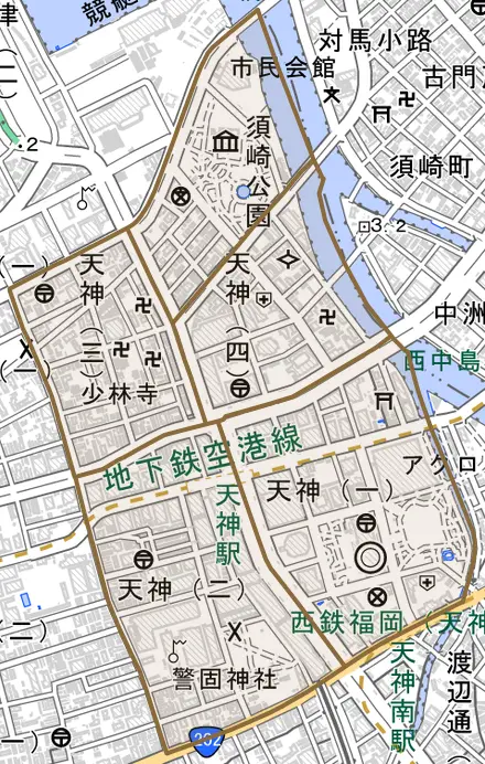 天神とその周辺の地図。町の範囲を重ねている